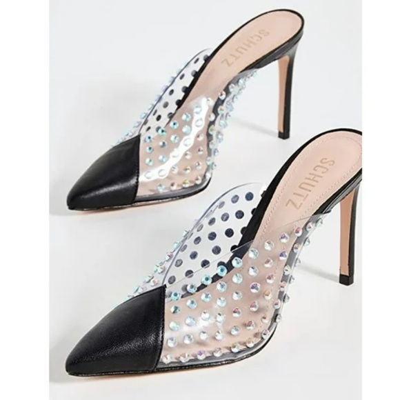SCHUTZ Shoes - Schutz Greece Black Clear Vamp Rhinestones Stiletto Heel Mule Pumps 9.5